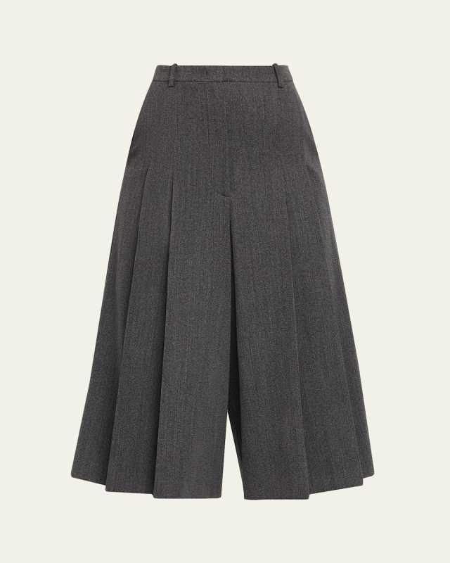 Pleated Twill Wide-Leg Culotte Pants